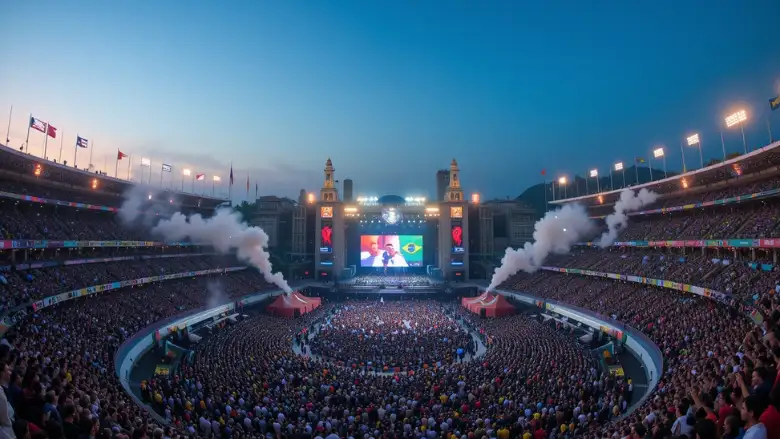 Vista aérea da arena principal da Festa do Peão de Barretos 2025 à noite com público, fogos de artifício e arquibancadas iluminadas