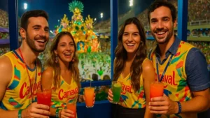 Interior animado de um camarote na Sapucaí durante o desfile do Carnaval do Rio, com foliões aproveitando a festa VIP.
