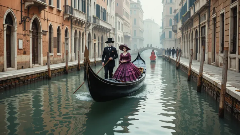 Gôndola com casal usando máscaras Bauta e Colombina navega por canal estreito em Veneza durante o Carnaval de inverno, cercados por arquitetura histórica.
