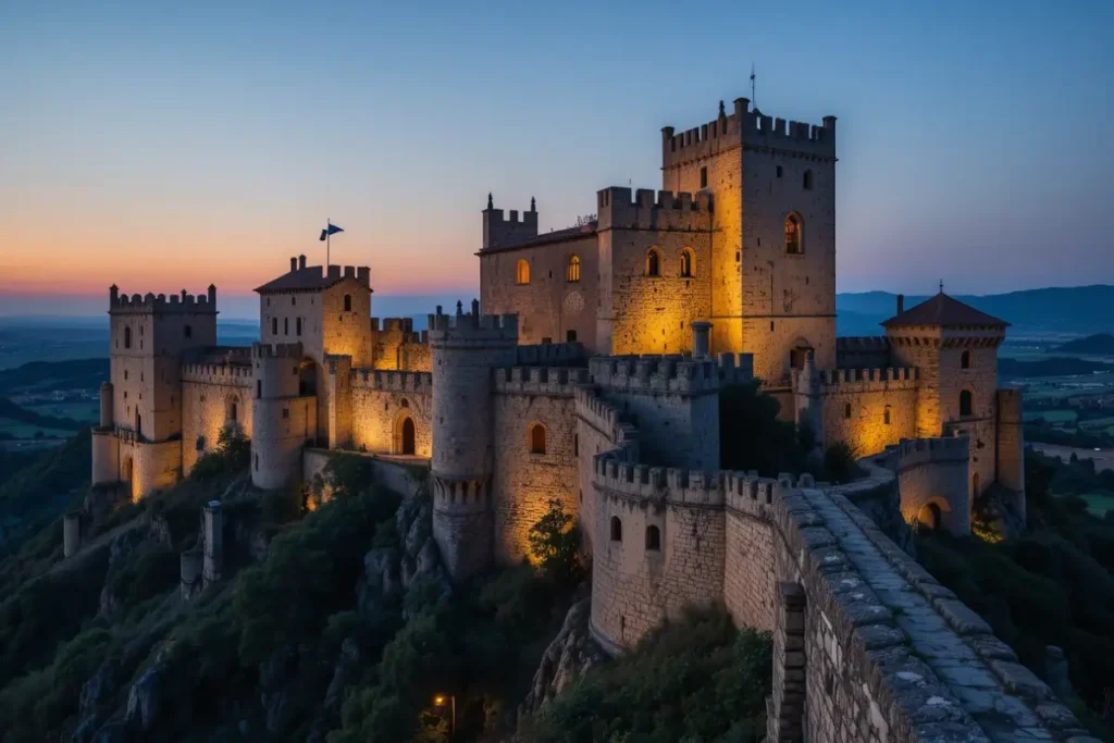Castelo medieval de Buñol ao entardecer com iluminação suave.
