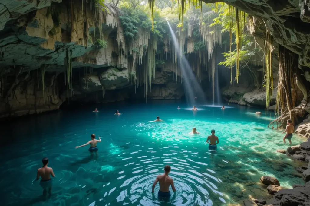 Visitantes nadando no Cenote Ik Kil, com águas cristalinas e vegetação ao redor.