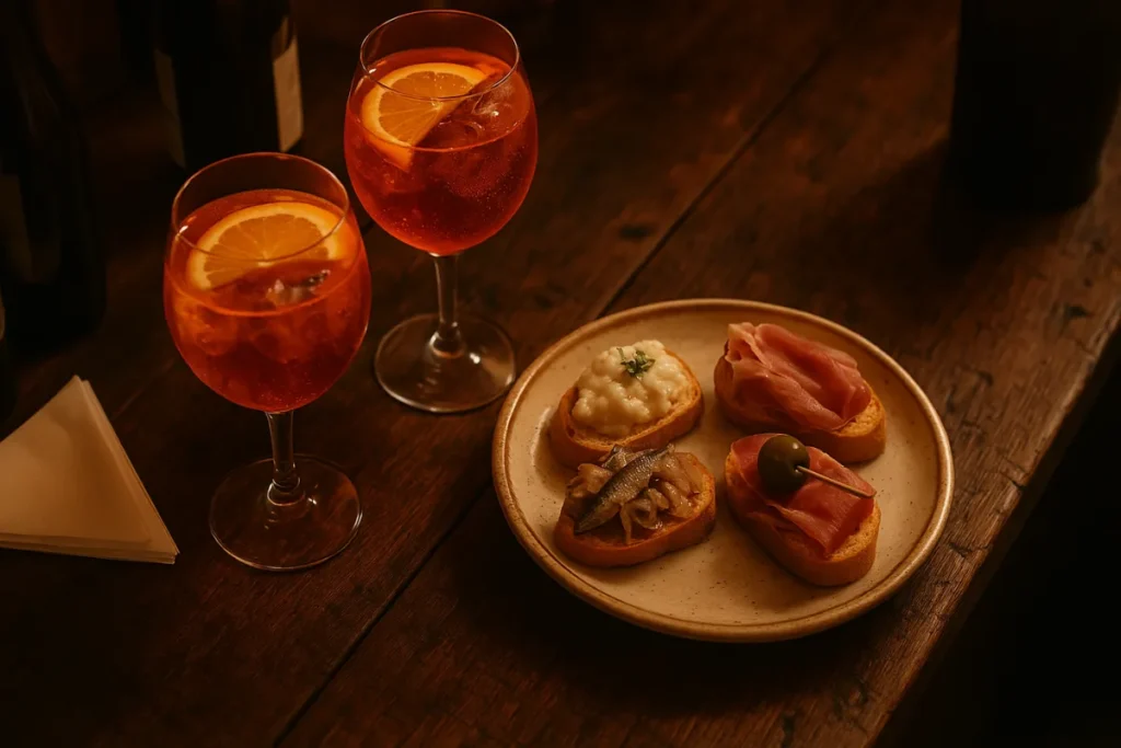 Variedade de cicchetti venezianos e dois copos de Spritz Aperol em balcão de madeira de um bacaro tradicional, representando a gastronomia local do Carnaval de Veneza.