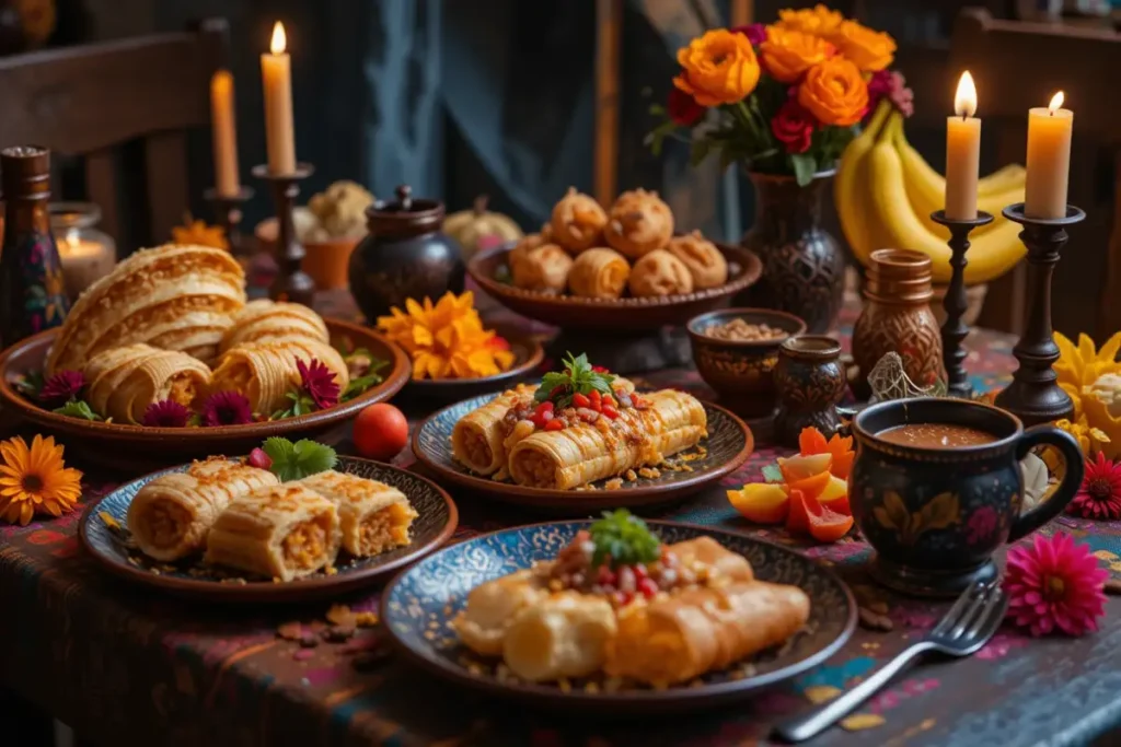 Mesa rústica mexicana com pan de muerto, tamales e velas típicas do Dia de los Muertos em Oaxaca.