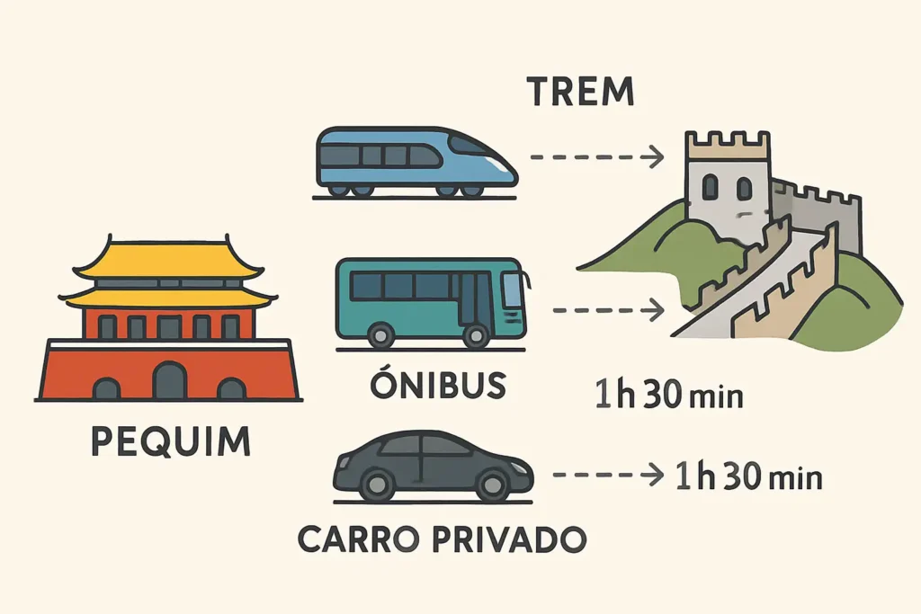 Ilustração com rotas e opções de transporte de Pequim até a Muralha da China por trem, ônibus e carro