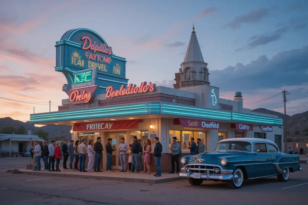 Fachada do Delgadillo’s Snow Cap Drive-In em Seligman na Rota 66 com decoração vintage e carro clássico.