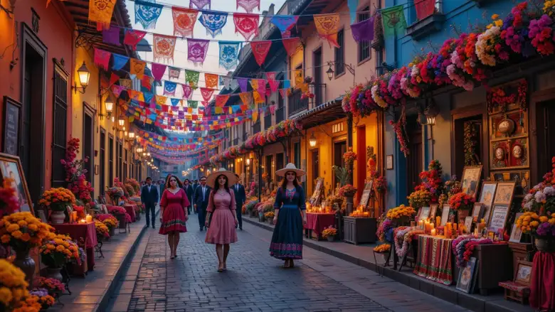 Rua decorada em Oaxaca para o Dia de los Muertos com papel picado, flores e pessoas com pintura de caveira.