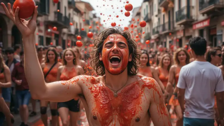 Multidão participando da La Tomatina em Buñol, com tomates voando e ruas vermelhas.