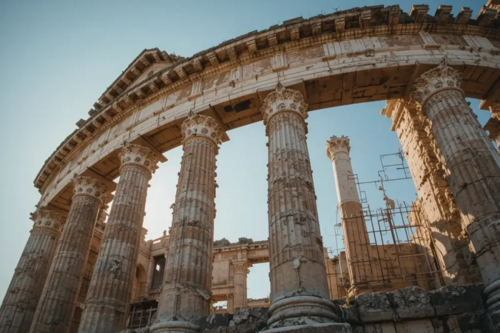 Mausoléu de Cecilia Metella, um grande monumento funerário cilíndrico de pedra, localizado na Via Appia Antica em Roma.