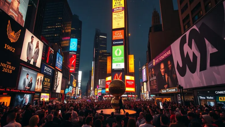 Reveillon na times square, rua cheia de pessoas aguardando a virada de ano.