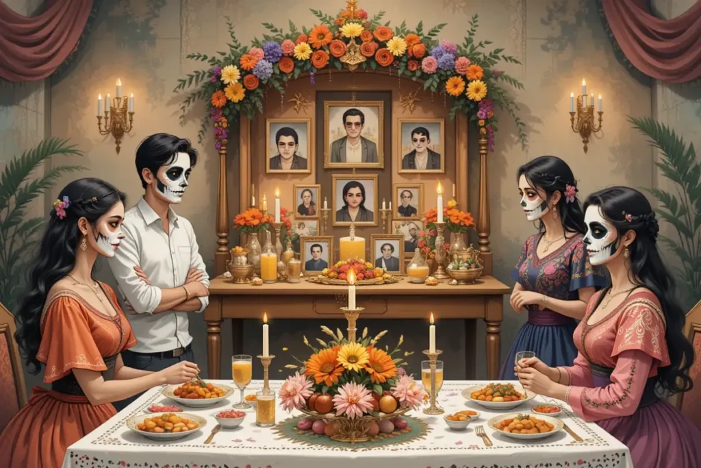 Família mexicana reunida diante de uma ofrenda no Dia de los Muertos, com velas e fotos de entes queridos.