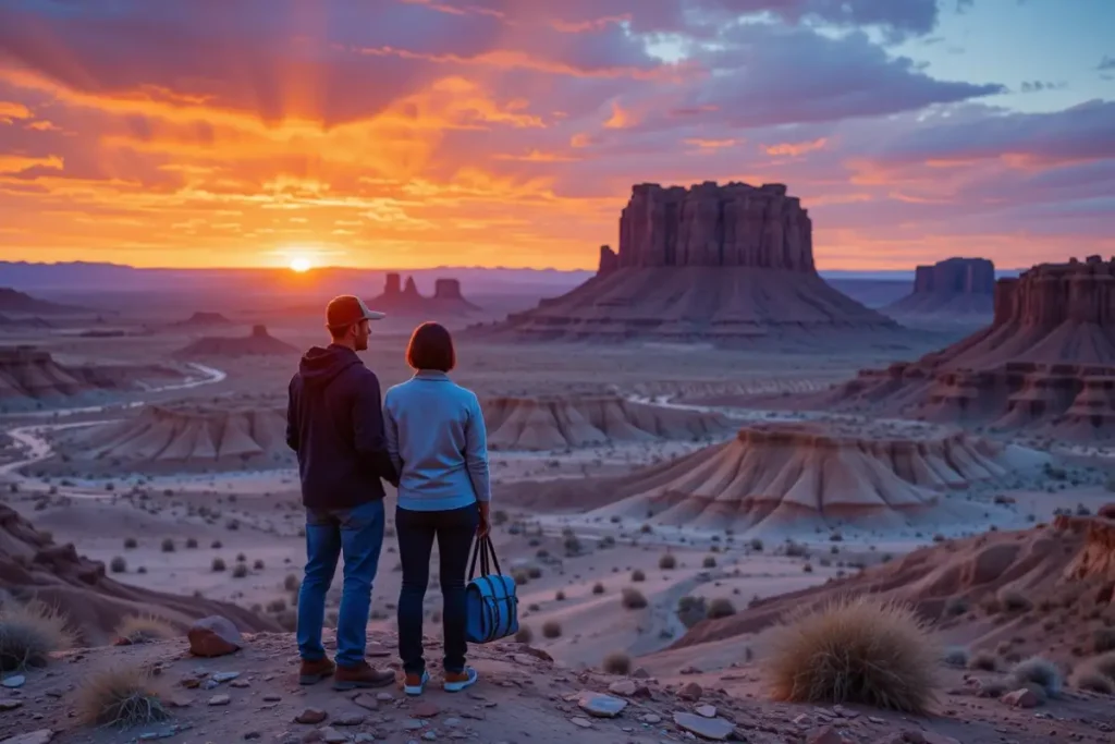 Casal observando o pôr do sol sobre o Painted Desert no Parque Nacional da Floresta Petrificada no Arizona.