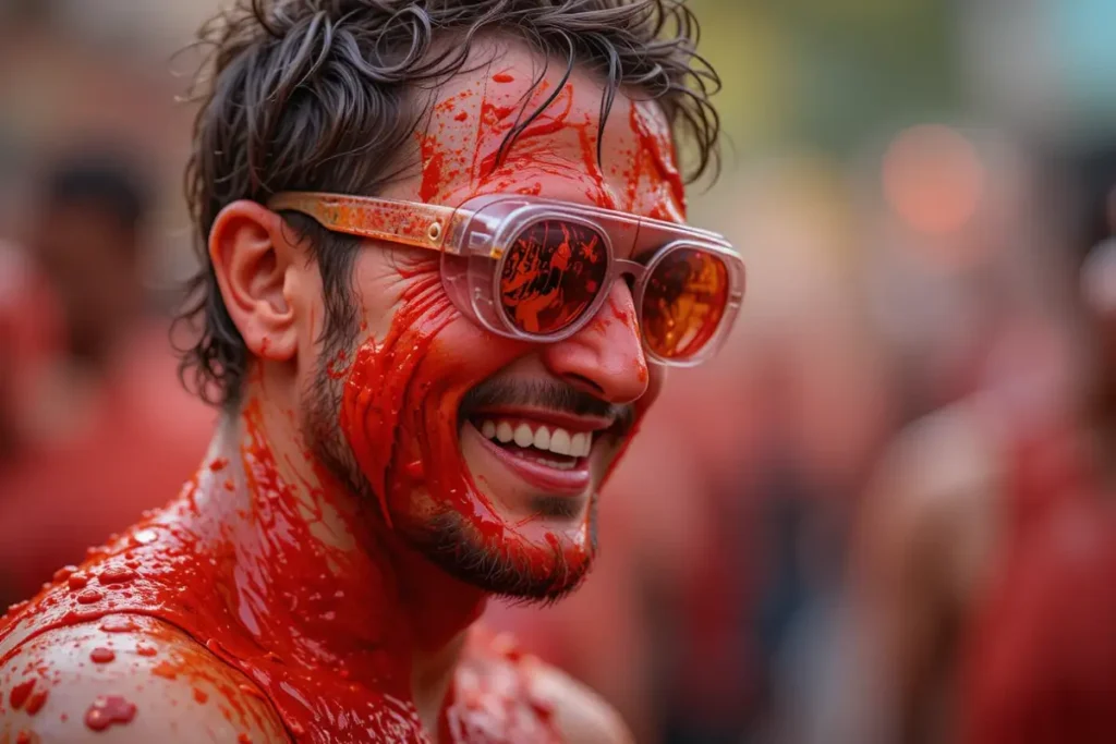 Participante da La Tomatina com óculos de proteção e roupa manchada de tomate sorrindo.