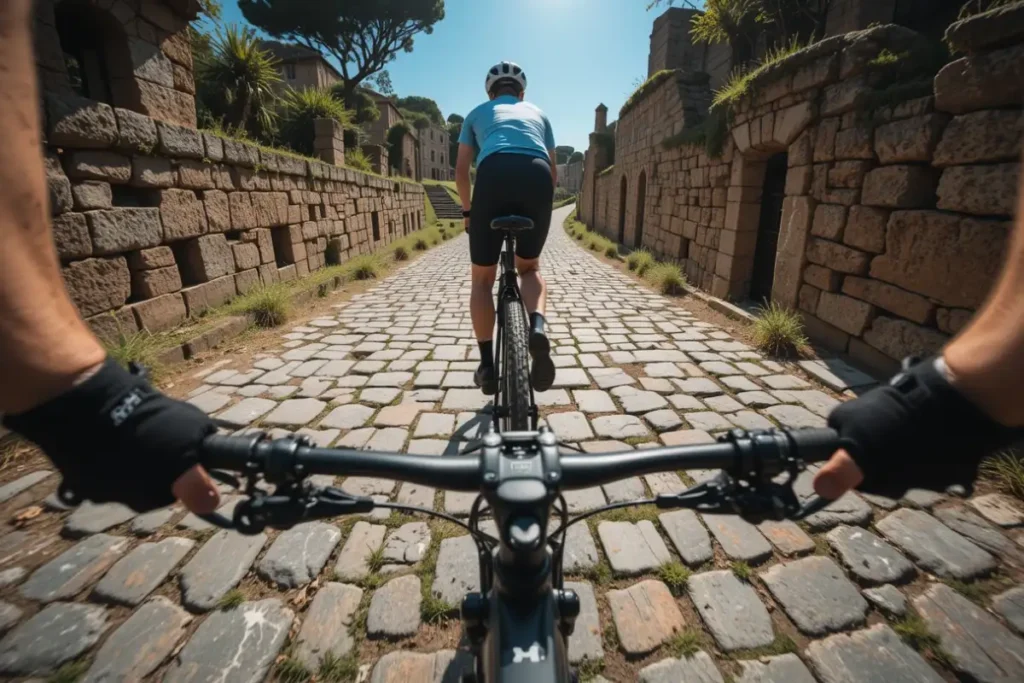 Uma pessoa pedalando uma mountain bike sobre as pedras originais da Via Appia Antica, com árvores e ruínas ao fundo.