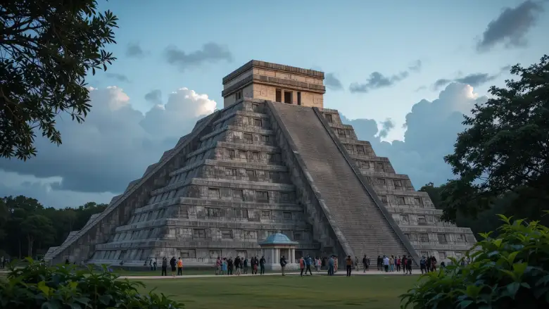 Pirâmide de Kukulcán em Chichén Itzá ao amanhecer, com céu dourado e turistas ao fundo.