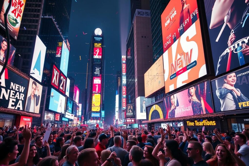 Uma vibrante celebração de Ano Novo na Times Square, Nova York. Em primeiro plano, uma multidão animada se reunia para dar as boas-vindas ao novo ano, com os rostos iluminados pelas luzes de neon e pelos imponentes outdoors que adornam a icônica praça.