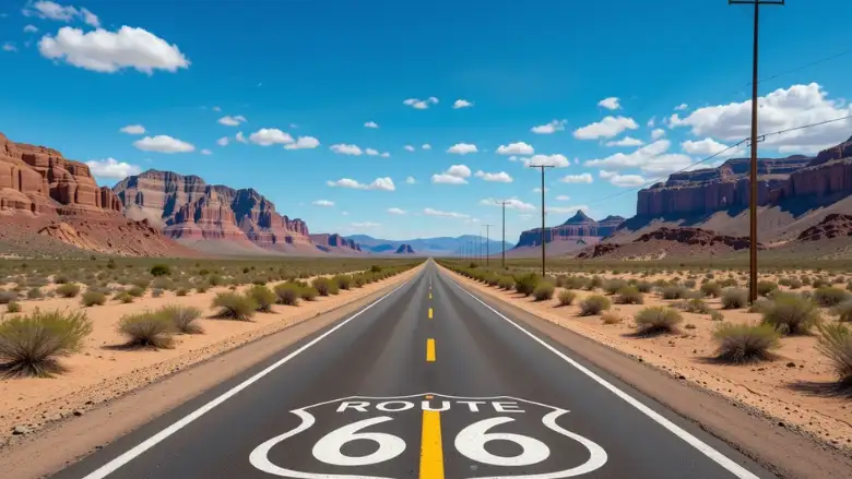 Vista icônica da Rota 66 no Arizona com símbolo pintado no asfalto e paisagem desértica ao fundo