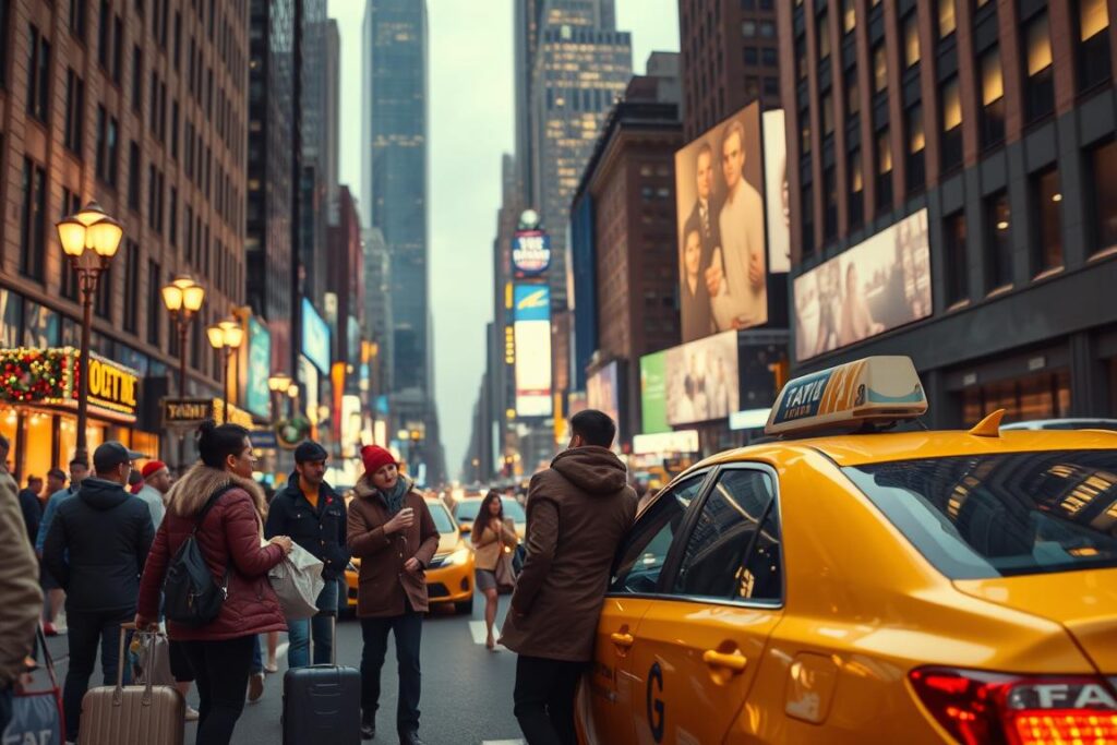 Uma rua movimentada da cidade de Nova York, com pessoas se preparando ansiosamente para a celebração do Ano Novo na Times Square.