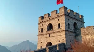 Vista detalhada de uma torre de observação da Muralha da China em Mutianyu, com pedras antigas e bandeira ao vento