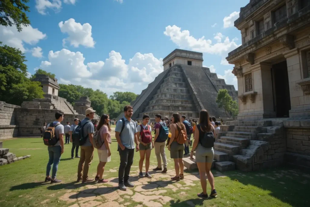 Turistas com guia explorando as ruínas de Chichén Itzá, aprendendo sobre a cultura maia.
