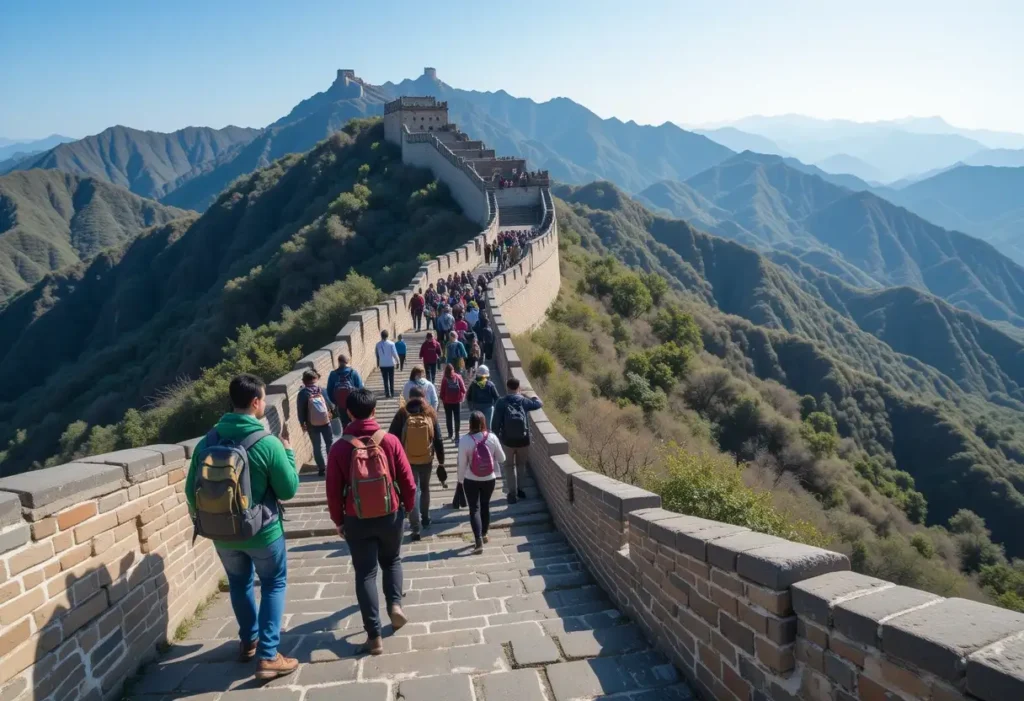 Turistas subindo as escadas do trecho de Mutianyu na Muralha da China em um dia ensolarado.