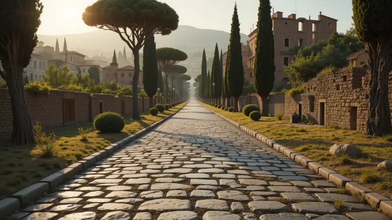 Vista panorâmica da Via Appia Antica em Roma ao entardecer, mostrando a estrada de pedras originais, pinheiros e ruínas romanas.