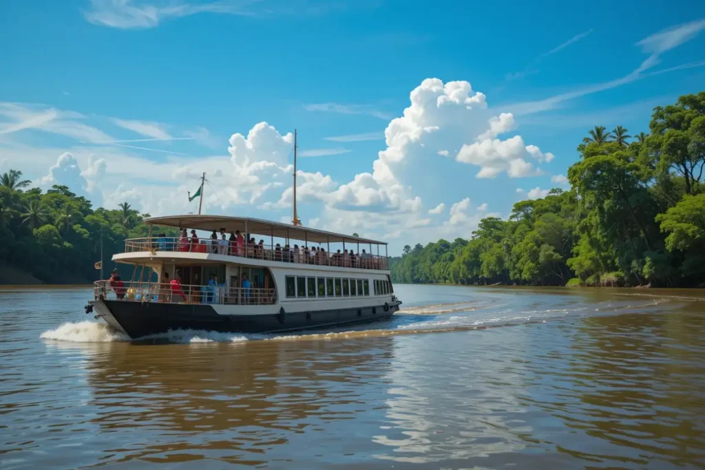 Barco regional navegando pelo extenso Rio Amazonas sob céu claro, ilustrando a jornada fluvial para chegar a Parintins