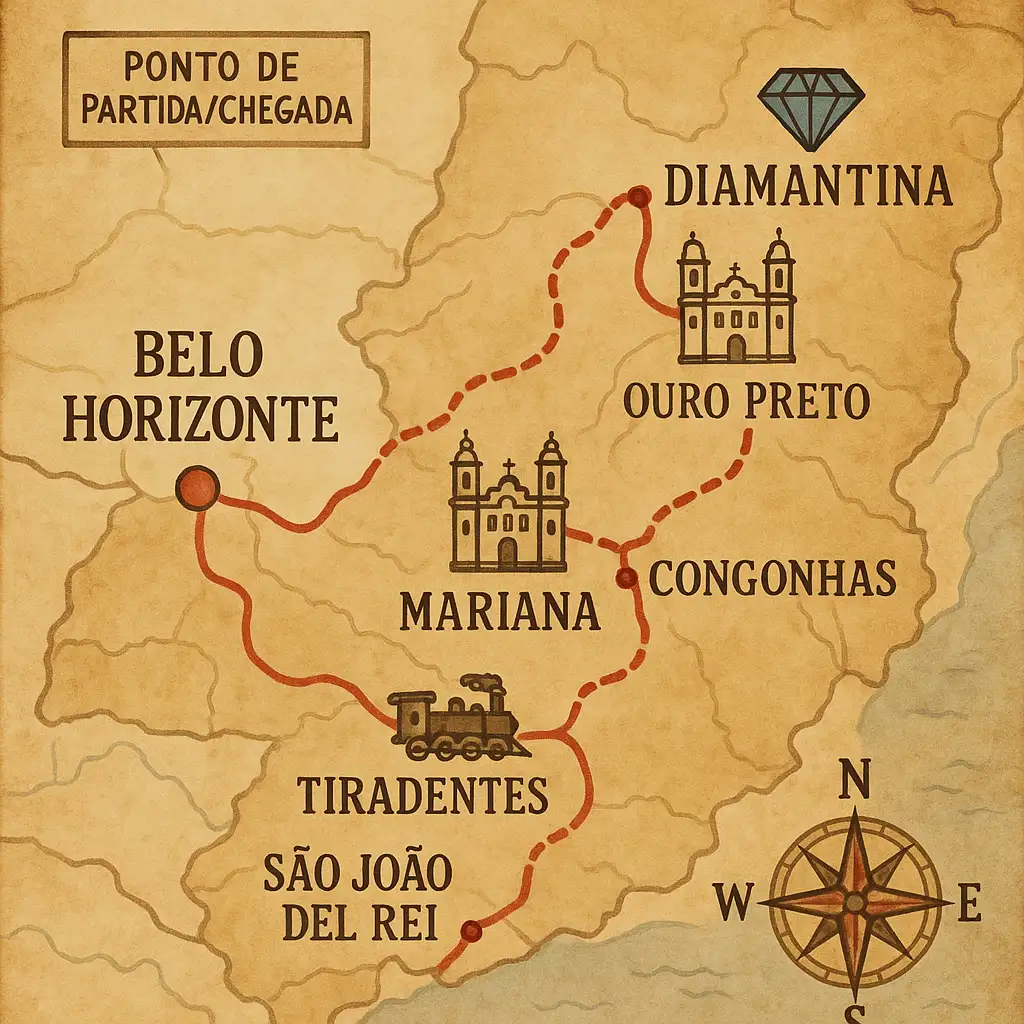 Mapa artístico ilustrativo do roteiro da estrada real mg.