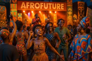 Multidão vibrante celebrando no festival AfroFuture em Gana, com artistas no palco, arte africana contemporânea e elementos de moda afrofuturista, destacando a cultura africana moderna.
