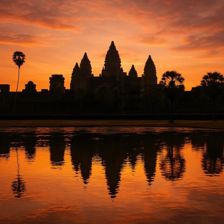 Silhueta do templo Angkor Wat no Camboja ao nascer do sol, com o céu laranja e reflexo na água