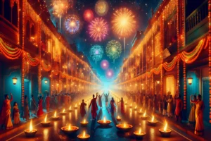 avenida enfeitada e iluminada em um dos festivais mais vibrantes e iluminados do mundo, Diwali na Índia! Este festival das luzes, que simboliza a vitória do bem sobre o mal.