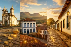 Roteiro completo pela Estrada Real Mineira, destacando as cidades históricas de Ouro Preto, Diamantina e Tiradentes.