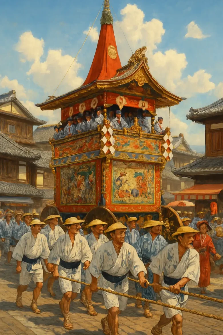 Pessoas puxando um grande carro alegórico (yama ou hoko) durante o tradicional festival Gion Matsuri em Quioto, Japão.