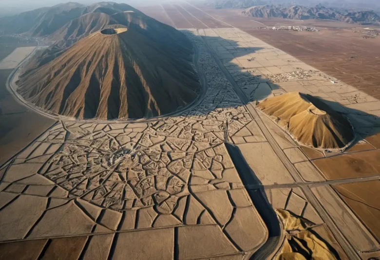 Vista aérea do geoglifo do Beija-Flor das Linhas de Nazca, no Peru, destacando-se no solo desértico avermelhado sob a luz do amanhecer ou entardecer.