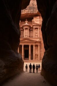Vista icônica de Al-Khazneh (o Tesouro) em Petra, Jordânia, através da fenda do Siq, com visitantes ao fundo.