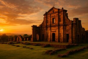 Ruínas da igreja de São Miguel Arcanjo, principal sítio arqueológico da Rota das Missões Jesuíticas no Brasil, ao pôr do sol.