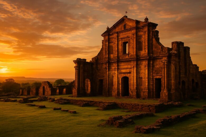 Ruínas da igreja de São Miguel Arcanjo, principal sítio arqueológico da Rota das Missões Jesuíticas no Brasil, ao pôr do sol.
