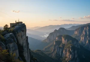 Vista panorâmica de um mosteiro de Meteora ao entardecer, empoleirado no topo de uma formação rochosa imponente, com o céu alaranjado e roxos suaves ao fundo, e uma silhueta de barcos de peregrinos se aproximando do Monte Athos à distância.