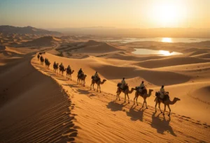Caravana de camelos na Rota dos Oásis atravessando as dunas douradas de Erg Chebbi, Marrocos.