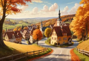 Ilustração da paisagem da Rota Romântica Alemã no outono, com estrada sinuosa e vilarejo medieval