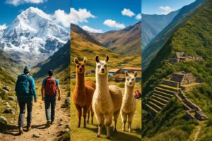 Explorando rotas incas alternativas no Peru: Salkantay Trek com vista para o nevado, Lares Trek com lhamas e comunidade andina, e o sítio arqueológico de Choquequirao