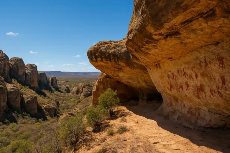 Pinturas rupestres no Parque Nacional Serra da Capivara, Brasil, em uma caverna com vista para a paisagem árida.