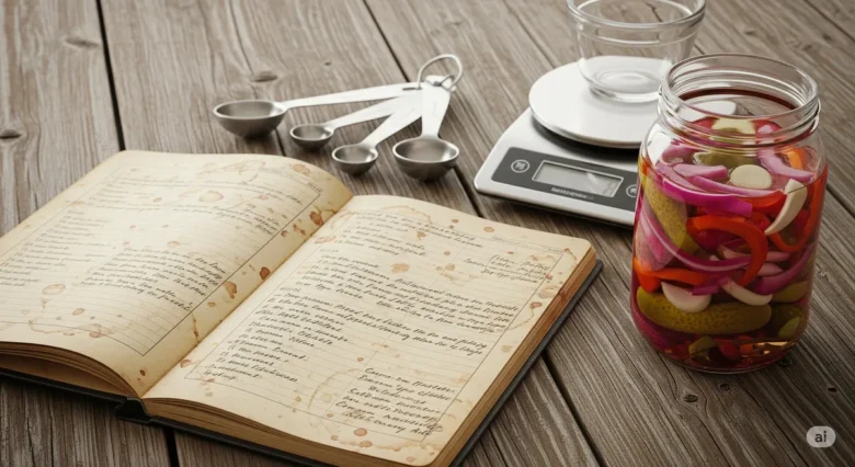 Um caderno de receitas antigo ao lado de um pote de conserva moderno, com colheres medidoras simbolizando a adaptação de receitas antigas para a cozinha de hoje.
