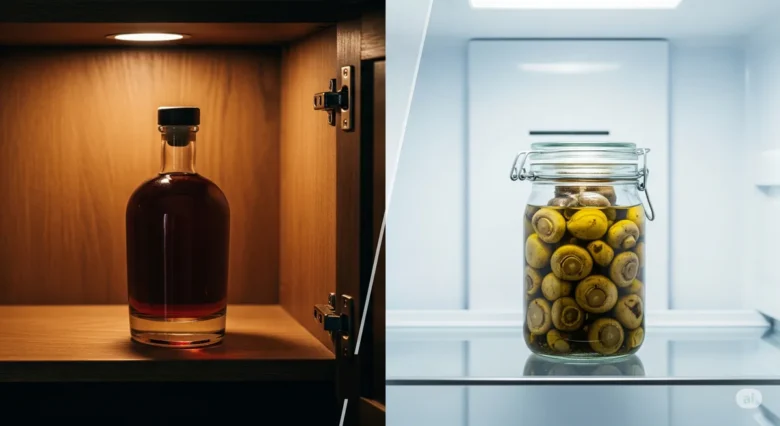 Uma imagem comparativa mostrando uma garrafa de licor escuro em um armário e um pote de conserva em óleo dentro de uma geladeira, ilustrando o armazenamento correto.
