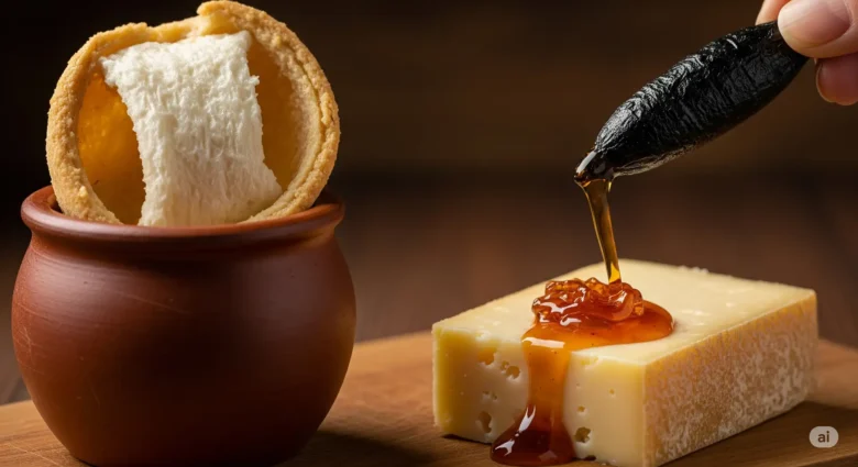 Close-up de arrope espanhol, um xarope escuro de uva, sendo gotejado de uma colher de pau sobre um pedaço de queijo curado.