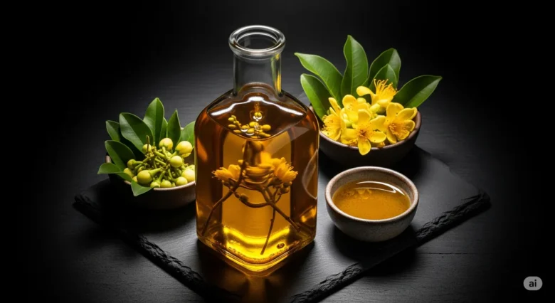 Uma garrafa de azeite infusionado, com cor dourada, ao lado de um pote com tucupi e folhas e flores frescas de jambu sobre uma superfície escura.