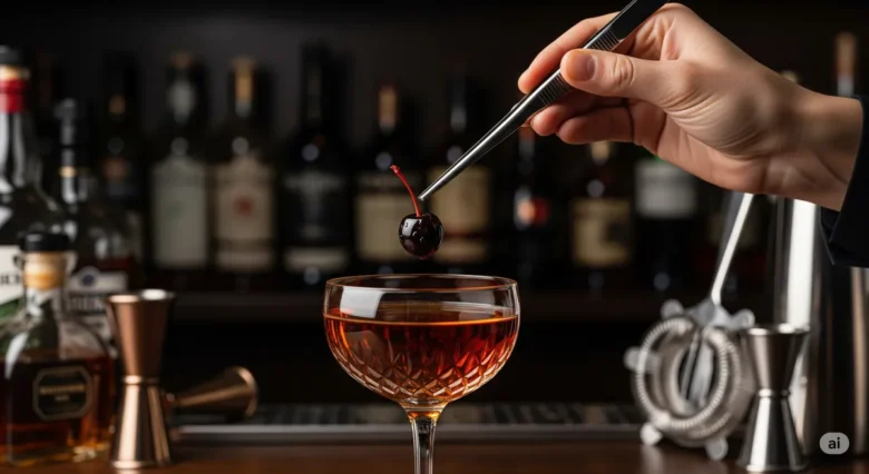 Uma mão colocando uma cereja em calda artesanal, escura e brilhante, em um coquetel clássico, demonstrando o preparo de cereja maraschino caseira.