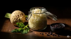 Chucrute de aipo-rábano com zimbro em um pote de vidro, ao lado de um aipo-rábano inteiro e um pote com bagas de zimbro em uma mesa rústica.