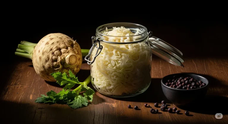 Chucrute de aipo-rábano com zimbro em um pote de vidro, ao lado de um aipo-rábano inteiro e um pote com bagas de zimbro em uma mesa rústica.