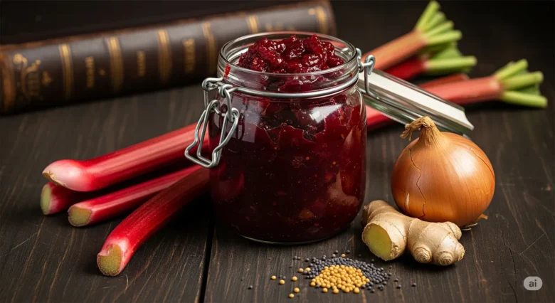 Um pote de Chutney de Ruibarbo Vitoriano artesanal sobre uma mesa de madeira, acompanhado de talos de ruibarbo frescos e especiarias, com um livro antigo ao fundo.