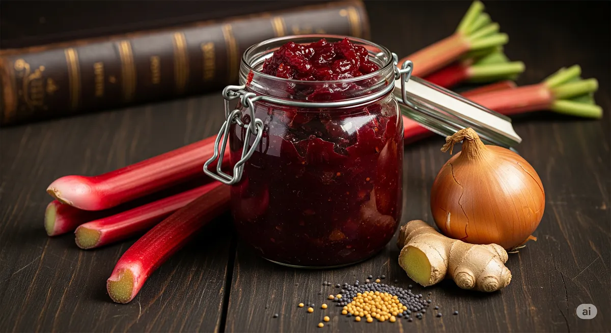 Um pote de Chutney de Ruibarbo Vitoriano artesanal sobre uma mesa de madeira, acompanhado de talos de ruibarbo frescos e especiarias, com um livro antigo ao fundo.